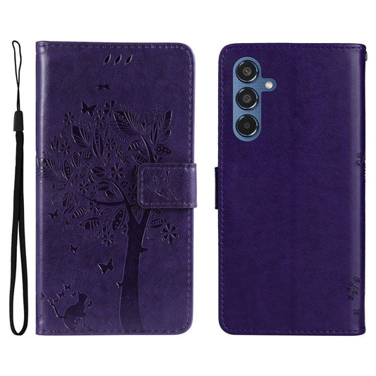 For Samsung Galaxy M35 5G Phone Case with Stand Cat Tree Pattern Leather Wallet Mobile Cover - Purple
