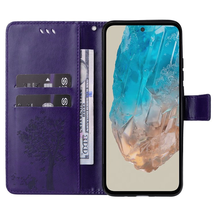 For Samsung Galaxy M35 5G Phone Case with Stand Cat Tree Pattern Leather Wallet Mobile Cover - Purple