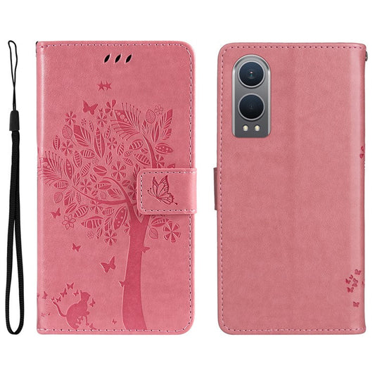 KT Imprinting Flower Series-3 For OnePlus Nord CE4 Lite 5G / Oppo K12x 5G (China) Case Wallet Leather Cat Tree Pattern Phone Cover - Pink