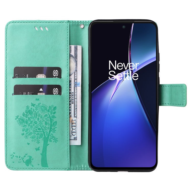 KT Imprinting Flower Series-3 For OnePlus Nord CE4 Lite 5G / Oppo K12x 5G (China) Case Wallet Leather Cat Tree Pattern Phone Cover - Green