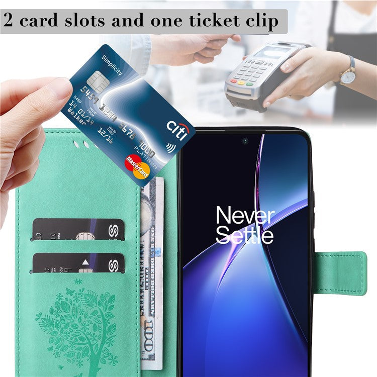 KT Imprinting Flower Series-3 For OnePlus Nord CE4 Lite 5G / Oppo K12x 5G (China) Case Wallet Leather Cat Tree Pattern Phone Cover - Green