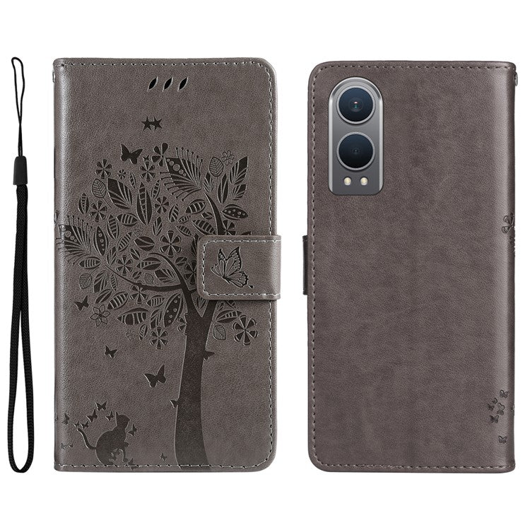KT Imprinting Flower Series-3 For OnePlus Nord CE4 Lite 5G / Oppo K12x 5G (China) Case Wallet Leather Cat Tree Pattern Phone Cover - Grey