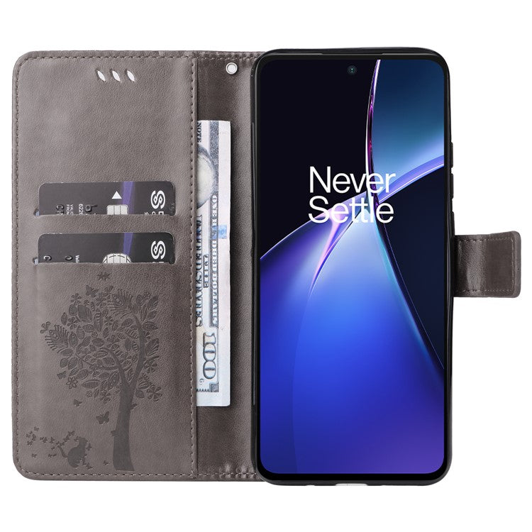 KT Imprinting Flower Series-3 For OnePlus Nord CE4 Lite 5G / Oppo K12x 5G (China) Case Wallet Leather Cat Tree Pattern Phone Cover - Grey