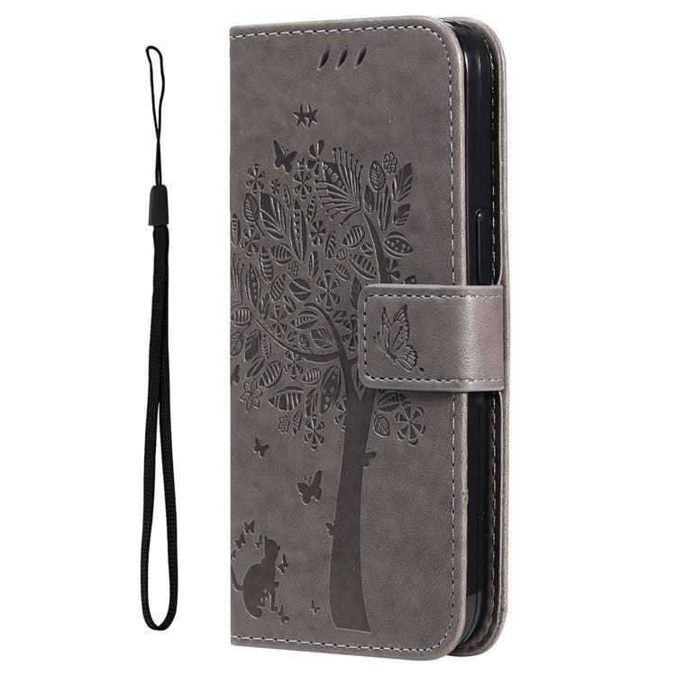 KT Imprinting Flower Series-3 For OnePlus Nord CE4 Lite 5G / Oppo K12x 5G (China) Case Wallet Leather Cat Tree Pattern Phone Cover - Grey