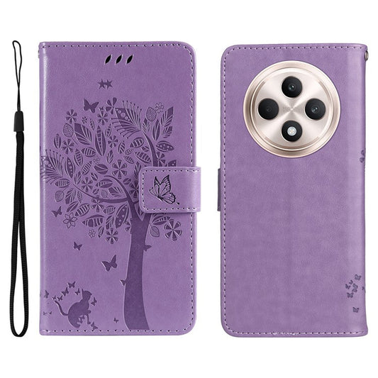 KT Imprinting Flower Series-3 For Oppo Reno12 F 4G Case Cat Tree Pattern Flip Leather Phone Cover - Light Purple