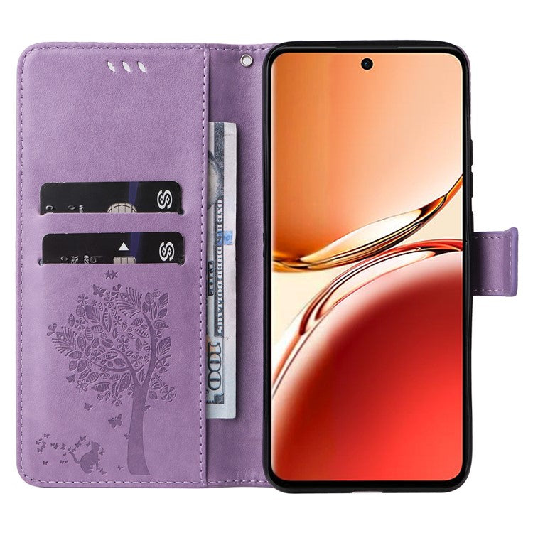 KT Imprinting Flower Series-3 For Oppo Reno12 F 4G Case Cat Tree Pattern Flip Leather Phone Cover - Light Purple