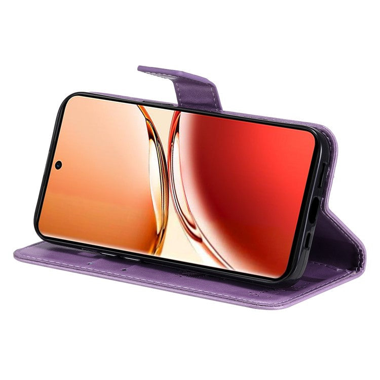 KT Imprinting Flower Series-3 For Oppo Reno12 F 4G Case Cat Tree Pattern Flip Leather Phone Cover - Light Purple