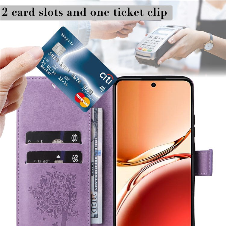 KT Imprinting Flower Series-3 For Oppo Reno12 F 4G Case Cat Tree Pattern Flip Leather Phone Cover - Light Purple