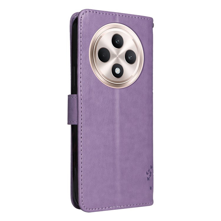 KT Imprinting Flower Series-3 For Oppo Reno12 F 4G Case Cat Tree Pattern Flip Leather Phone Cover - Light Purple