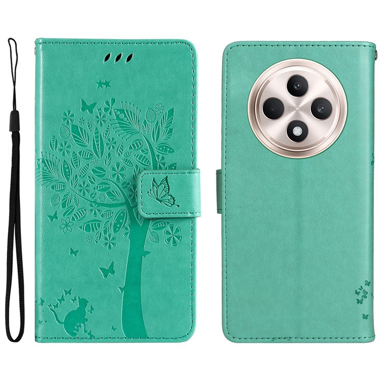 KT Imprinting Flower Series-3 For Oppo Reno12 F 4G Case Cat Tree Pattern Flip Leather Phone Cover - Green