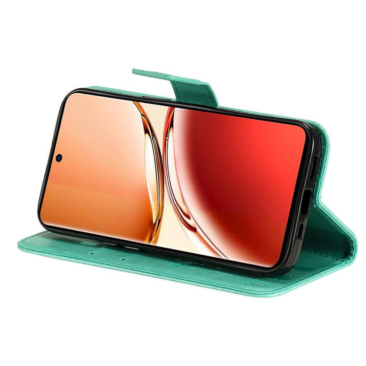 KT Imprinting Flower Series-3 For Oppo Reno12 F 4G Case Cat Tree Pattern Flip Leather Phone Cover - Green