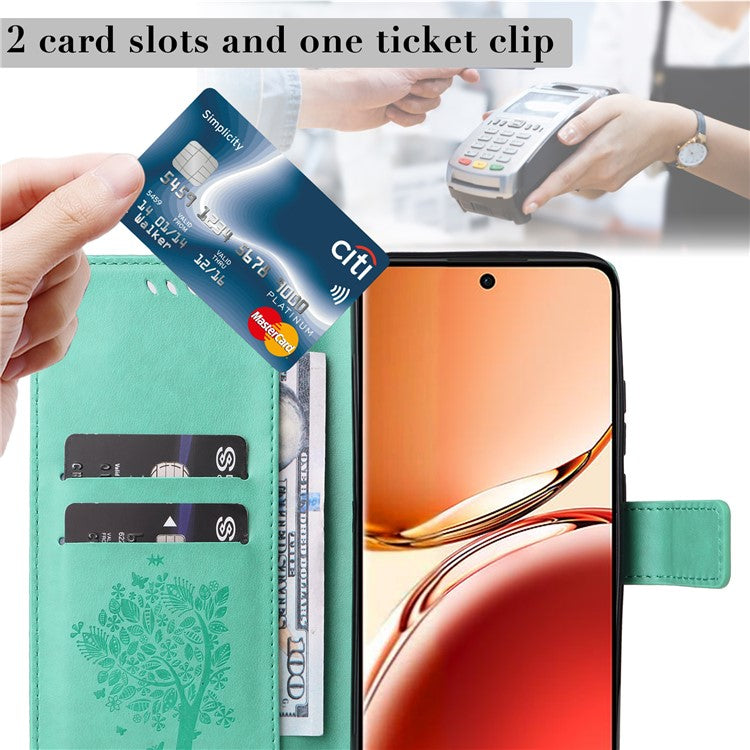 KT Imprinting Flower Series-3 For Oppo Reno12 F 4G Case Cat Tree Pattern Flip Leather Phone Cover - Green