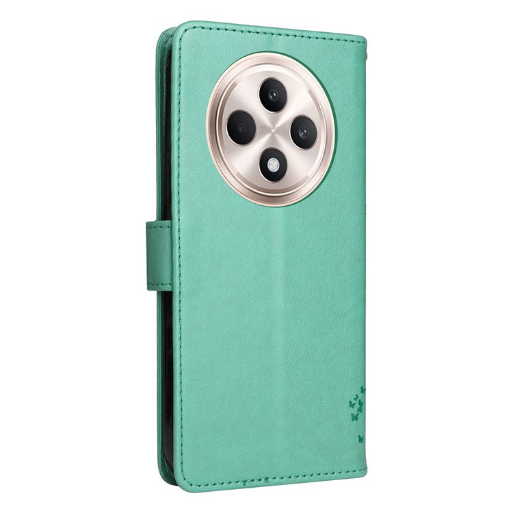 KT Imprinting Flower Series-3 For Oppo Reno12 F 4G Case Cat Tree Pattern Flip Leather Phone Cover - Green