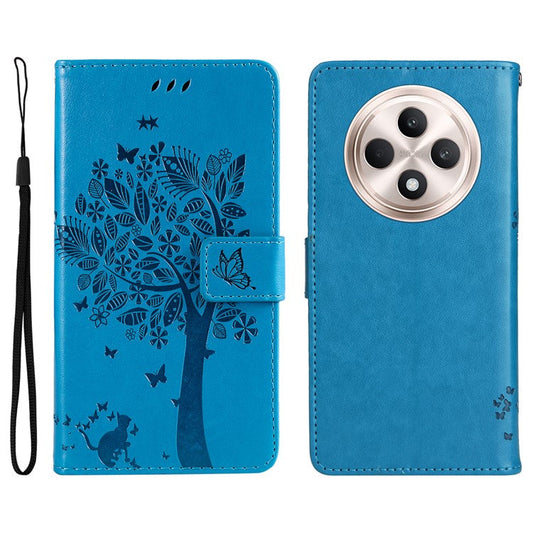 KT Imprinting Flower Series-3 For Oppo Reno12 F 4G Case Cat Tree Pattern Flip Leather Phone Cover - Blue