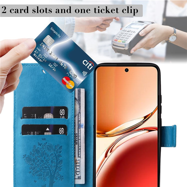 KT Imprinting Flower Series-3 For Oppo Reno12 F 4G Case Cat Tree Pattern Flip Leather Phone Cover - Blue