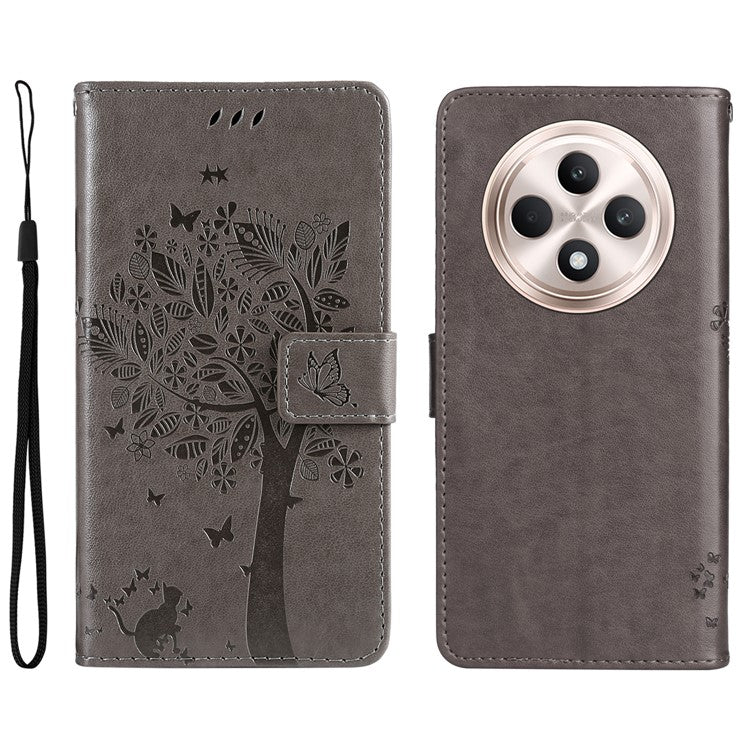 KT Imprinting Flower Series-3 For Oppo Reno12 F 4G Case Cat Tree Pattern Flip Leather Phone Cover - Grey