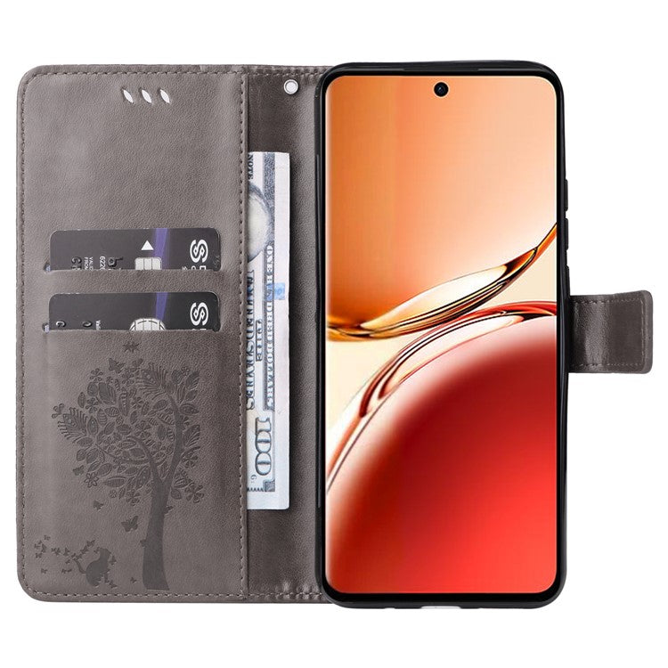 KT Imprinting Flower Series-3 For Oppo Reno12 F 4G Case Cat Tree Pattern Flip Leather Phone Cover - Grey