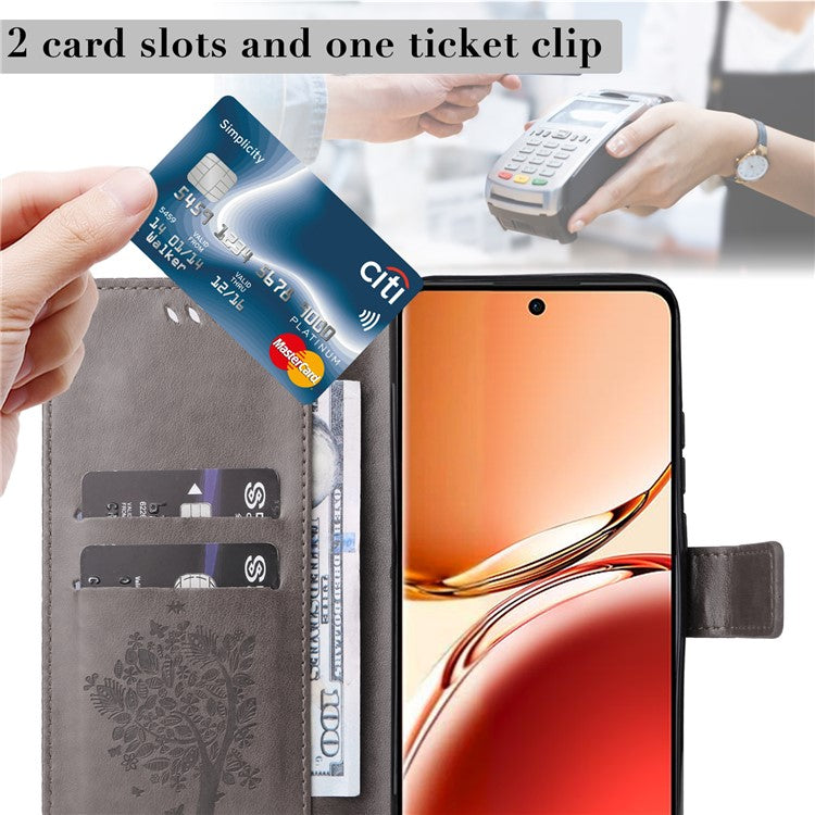 KT Imprinting Flower Series-3 For Oppo Reno12 F 4G Case Cat Tree Pattern Flip Leather Phone Cover - Grey