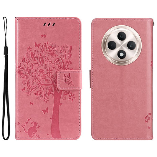 KT Imprinting Flower Series-3 For Oppo Reno12 F 4G Case Cat Tree Pattern Flip Leather Phone Cover - Pink