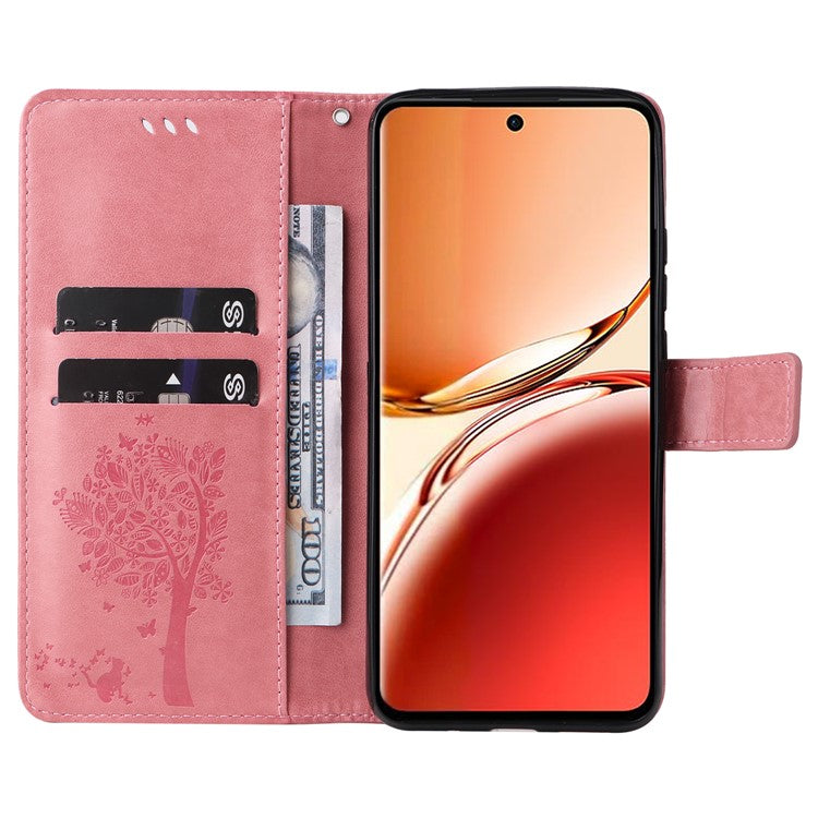 KT Imprinting Flower Series-3 For Oppo Reno12 F 4G Case Cat Tree Pattern Flip Leather Phone Cover - Pink