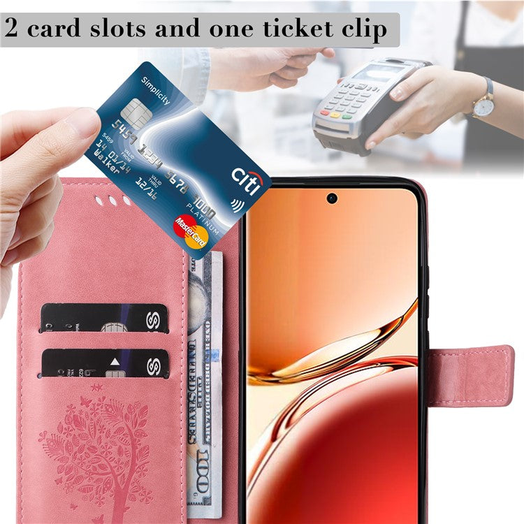 KT Imprinting Flower Series-3 For Oppo Reno12 F 4G Case Cat Tree Pattern Flip Leather Phone Cover - Pink
