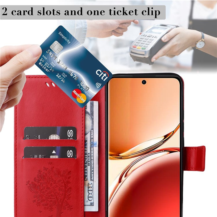 KT Imprinting Flower Series-3 For Oppo Reno12 F 4G Case Cat Tree Pattern Flip Leather Phone Cover - Red