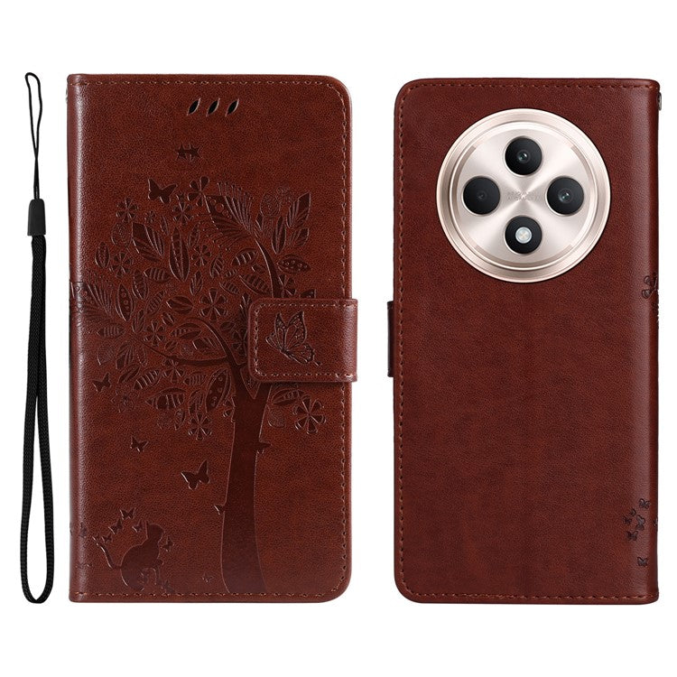 KT Imprinting Flower Series-3 For Oppo Reno12 F 4G Case Cat Tree Pattern Flip Leather Phone Cover - Coffee