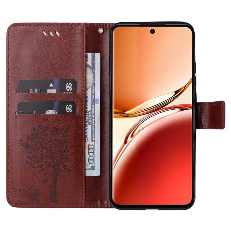 KT Imprinting Flower Series-3 For Oppo Reno12 F 4G Case Cat Tree Pattern Flip Leather Phone Cover - Coffee
