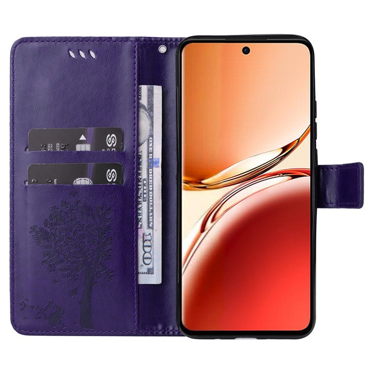 KT Imprinting Flower Series-3 For Oppo Reno12 F 4G Case Cat Tree Pattern Flip Leather Phone Cover - Purple
