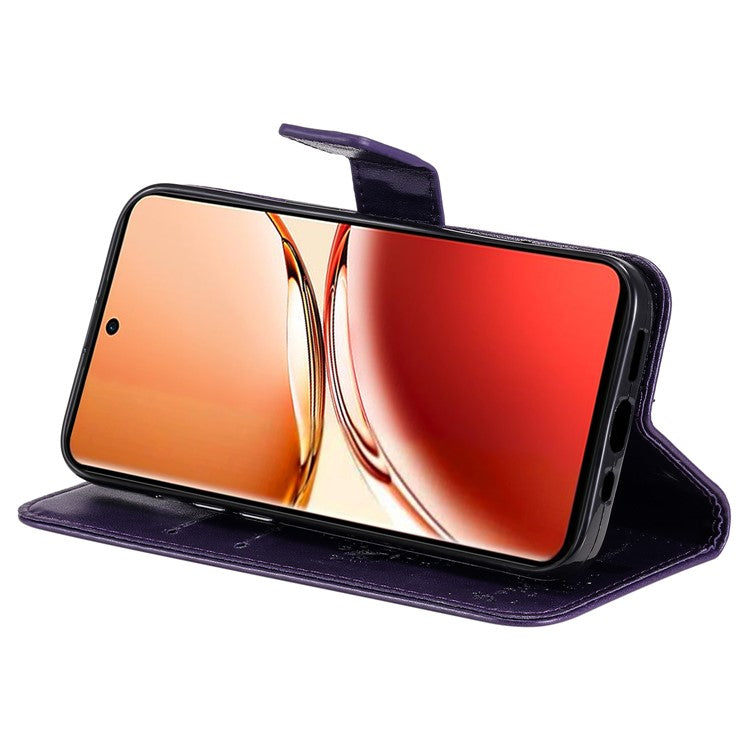 KT Imprinting Flower Series-3 For Oppo Reno12 F 4G Case Cat Tree Pattern Flip Leather Phone Cover - Purple