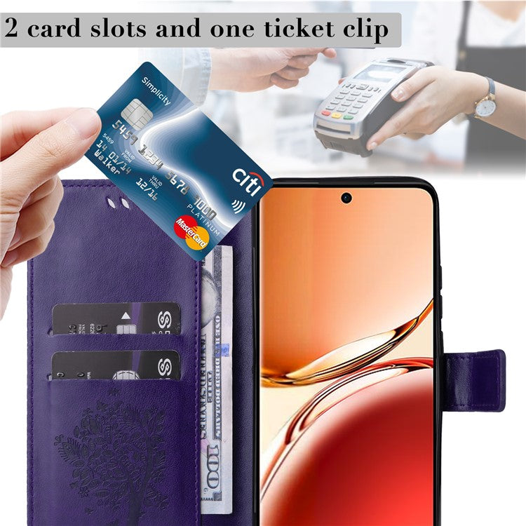KT Imprinting Flower Series-3 For Oppo Reno12 F 4G Case Cat Tree Pattern Flip Leather Phone Cover - Purple