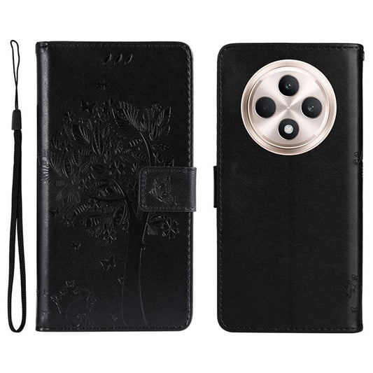 KT Imprinting Flower Series-3 For Oppo Reno12 F 4G Case Cat Tree Pattern Flip Leather Phone Cover - Black