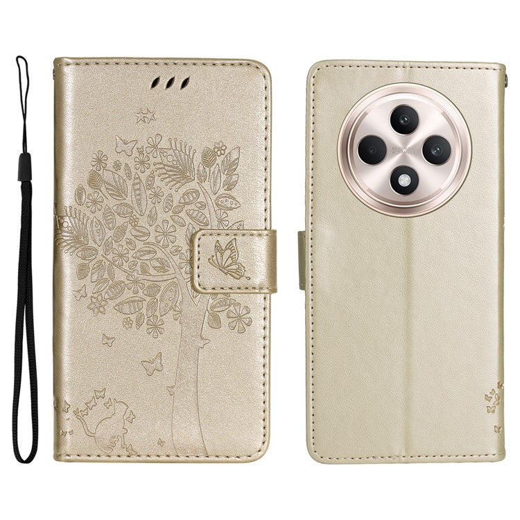 KT Imprinting Flower Series-3 For Oppo Reno12 F 4G Case Cat Tree Pattern Flip Leather Phone Cover - Gold