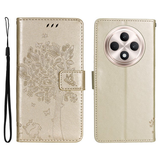 KT Imprinting Flower Series-3 For Oppo Reno12 F 4G Case Cat Tree Pattern Flip Leather Phone Cover - Gold