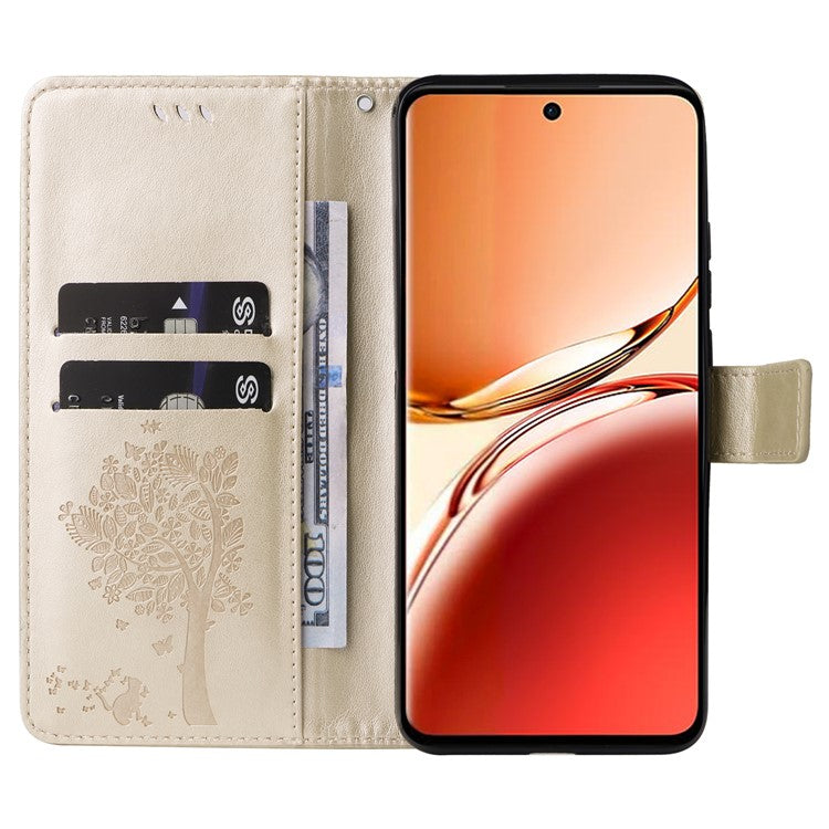 KT Imprinting Flower Series-3 For Oppo Reno12 F 4G Case Cat Tree Pattern Flip Leather Phone Cover - Gold