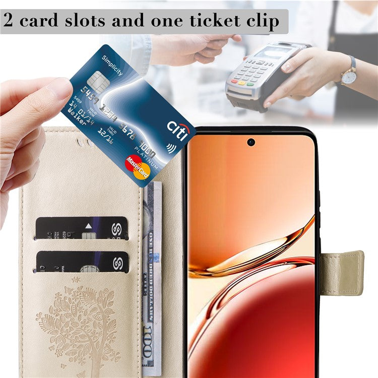 KT Imprinting Flower Series-3 For Oppo Reno12 F 4G Case Cat Tree Pattern Flip Leather Phone Cover - Gold