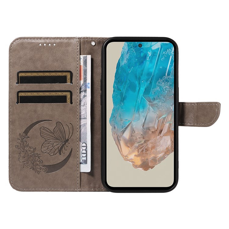 For Samsung Galaxy M35 5G Case Butterfly Design Flip Leather Phone Cover - Grey