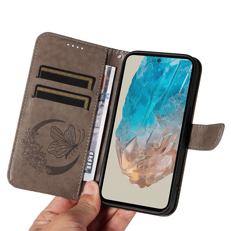 For Samsung Galaxy M35 5G Case Butterfly Design Flip Leather Phone Cover - Grey