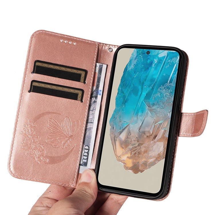 For Samsung Galaxy M35 5G Case Butterfly Design Flip Leather Phone Cover - Rose Gold