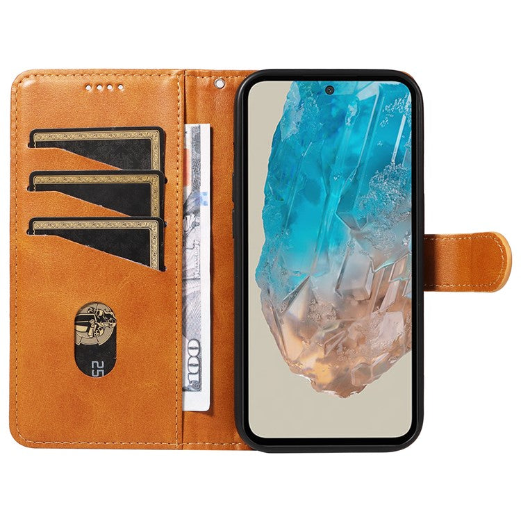 For Samsung Galaxy M35 5G Case Wallet Card Slots Protective Leather Phone Cover T-Shape Lines - Yellow