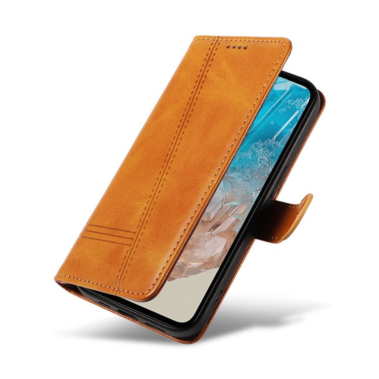 For Samsung Galaxy M35 5G Case Wallet Card Slots Protective Leather Phone Cover T-Shape Lines - Yellow
