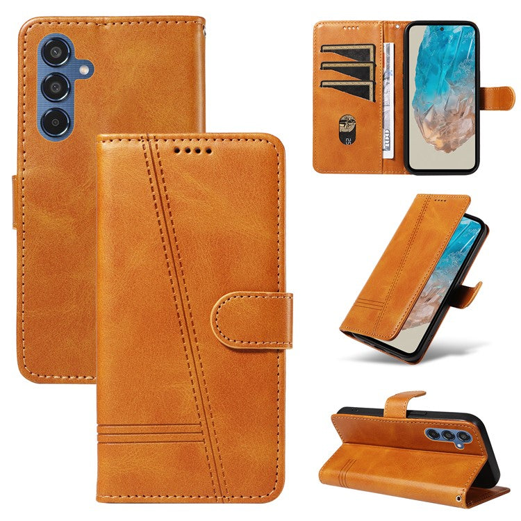 For Samsung Galaxy M35 5G Case Wallet Card Slots Protective Leather Phone Cover T-Shape Lines - Yellow