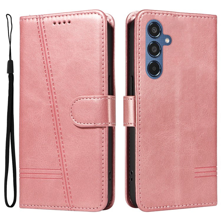 For Samsung Galaxy M35 5G Case Wallet Card Slots Protective Leather Phone Cover T-Shape Lines - Rose Gold