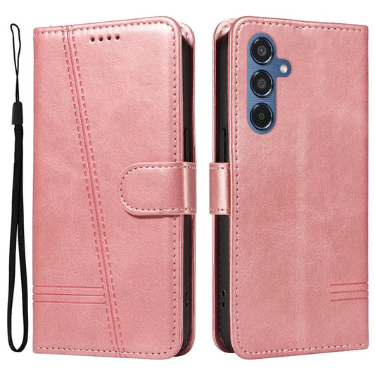 For Samsung Galaxy M35 5G Case Wallet Card Slots Protective Leather Phone Cover T-Shape Lines - Rose Gold
