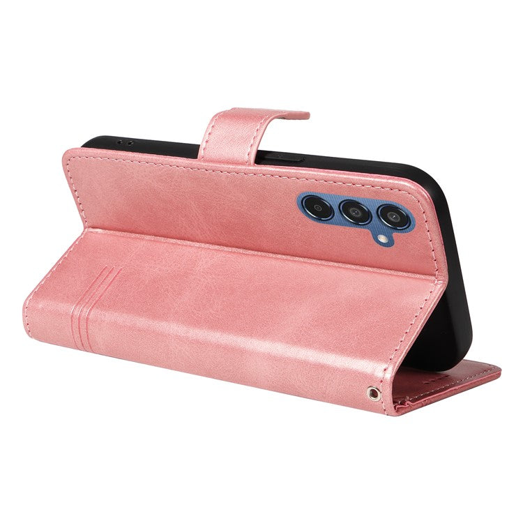 For Samsung Galaxy M35 5G Case Wallet Card Slots Protective Leather Phone Cover T-Shape Lines - Rose Gold