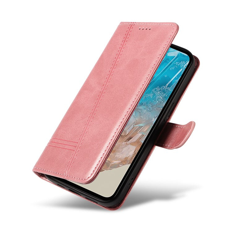 For Samsung Galaxy M35 5G Case Wallet Card Slots Protective Leather Phone Cover T-Shape Lines - Rose Gold