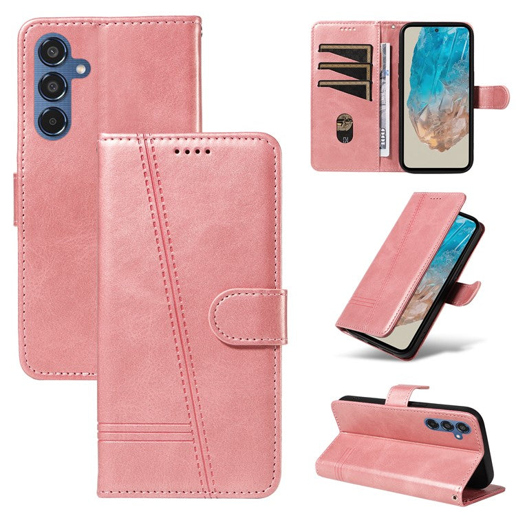 For Samsung Galaxy M35 5G Case Wallet Card Slots Protective Leather Phone Cover T-Shape Lines - Rose Gold