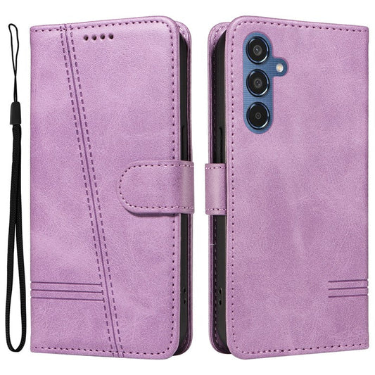 For Samsung Galaxy M35 5G Case Wallet Card Slots Protective Leather Phone Cover T-Shape Lines - Light Purple