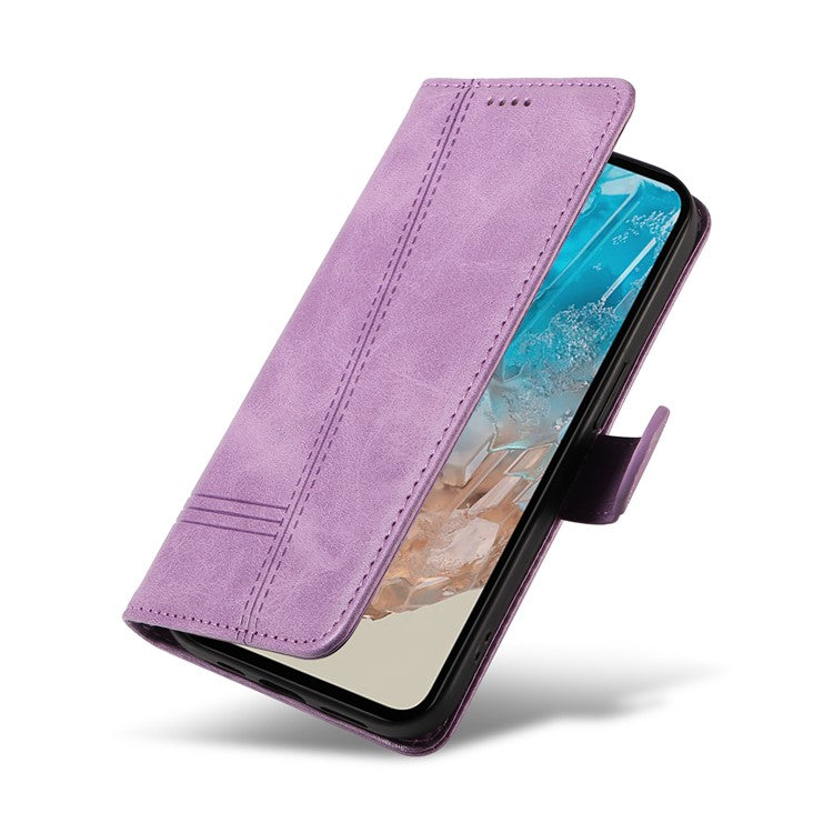 For Samsung Galaxy M35 5G Case Wallet Card Slots Protective Leather Phone Cover T-Shape Lines - Light Purple