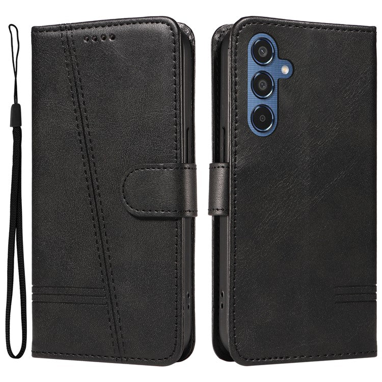 For Samsung Galaxy M35 5G Case Wallet Card Slots Protective Leather Phone Cover T-Shape Lines - Black